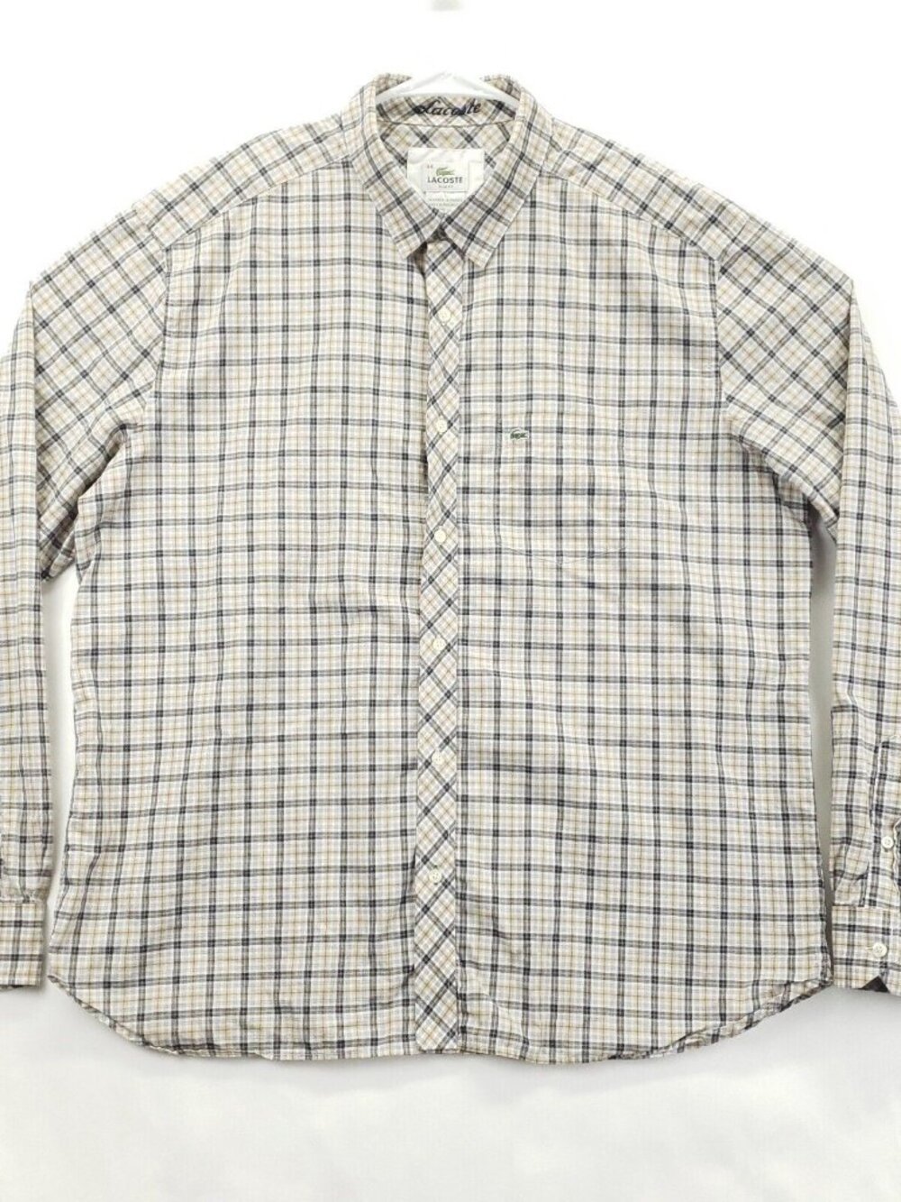 Lacoste Shirt Mens 44 XL Blue Ivory Plaid Slim Fit Embroidered Button-Up